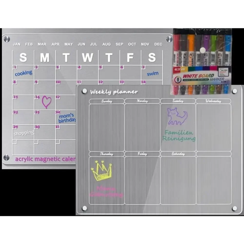 Acrylic Magnetic Dry Erase Fridge Board Monthly & Weekly Planner w/ 8 Markers